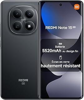 Xiaomi REDMI Note 15 5G, Smartphone 8+256Go, Design Ultra Fin, Résistance à l'eau IP65, Appareil Photo Ultra-Net 108 Mpx, Écran FHD+ 6,77", Noir, Garantie 2 Ans, Chargeur Non Inclus