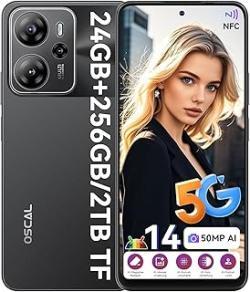 OSCAL Tiger 13 Telephone Portable 5G Android 14, Gemini AI, 24Go+256Go/TF-2To, Smartphone Octa Core 90Hz Écran 6,67" HD+, 18W Charge Rapide, AI 50MP, Téléphone 5G Dual SIM/NFC/Face ID/GPS/OTG